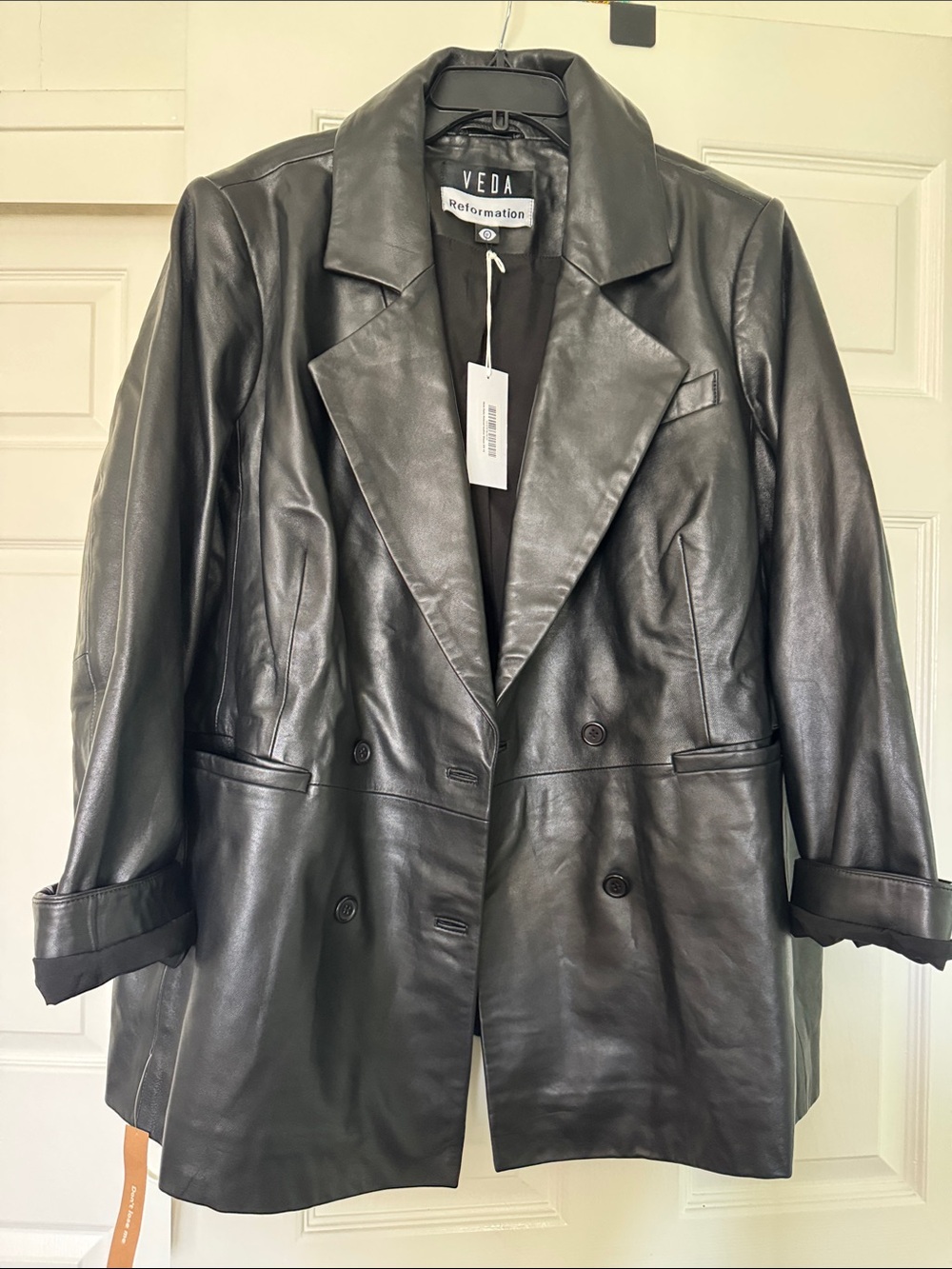 Reformation x VEDA Black Leather Double-Breasted Jacket